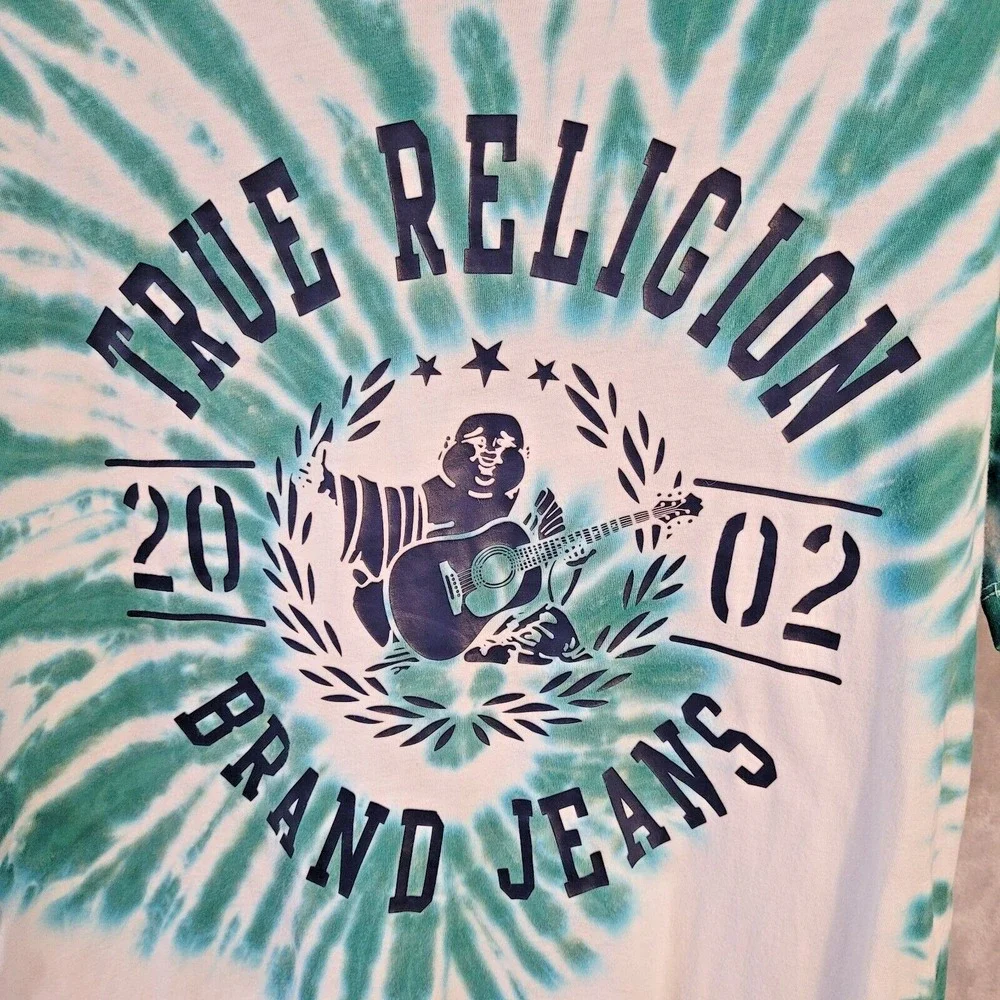 True Religion Tie‎ Dye Graphic T Shirt Size Small Green White Buddha Logo 2002